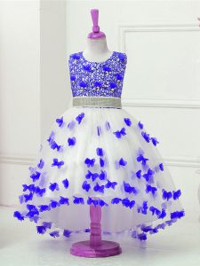 Scoop Sleeveless Kids Formal Wear High Low Appliques and Sequins Blue And White Tulle