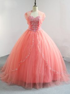 Watermelon Red Sweet 16 Dresses Sweet 16 and Quinceanera with Beading V-neck Sleeveless Lace Up