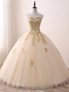 Elegant Floor Length Lace Up 15 Quinceanera Dress Champagne for Prom and Party and Military Ball and Sweet 16 and Quinceanera with Beading and Lace and Appliques