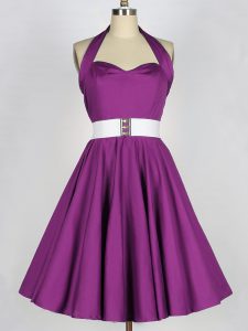 Flare Purple Dama Dress for Quinceanera Prom and Party and Wedding Party with Belt Halter Top Sleeveless Lace Up
