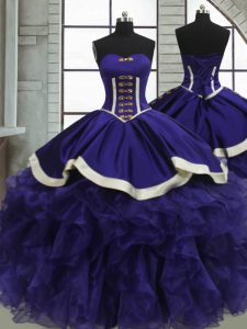 Custom Fit Purple Sweetheart Lace Up Ruffles Quince Ball Gowns Sleeveless