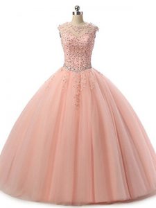 Discount Sleeveless Tulle Floor Length Lace Up 15th Birthday Dress in Peach with Beading and Lace