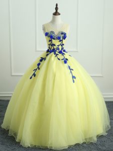 Hand Made Flower Quince Ball Gowns Light Yellow Lace Up Sleeveless Floor Length