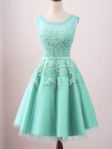 Amazing Turquoise Tulle Lace Up Scoop Sleeveless Knee Length Court Dresses for Sweet 16 Lace
