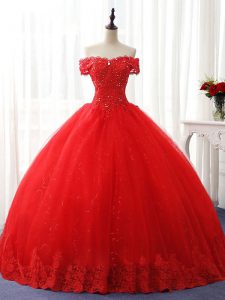 Popular Red Off The Shoulder Lace Up Beading and Ruffles Sweet 16 Quinceanera Dress Sleeveless