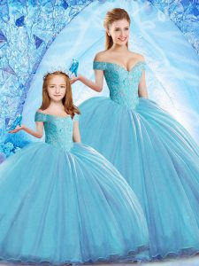 Off The Shoulder Sleeveless Sweet 16 Quinceanera Dress Sweep Train Beading Baby Blue Organza