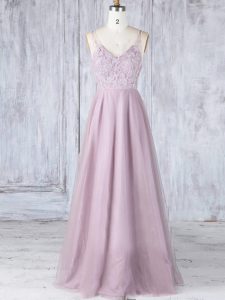 Fashion Floor Length Pink Quinceanera Court of Honor Dress Tulle Sleeveless Lace