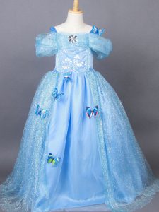 Custom Designed Light Blue Short Sleeves Tulle Side Zipper Little Girls Pageant Dress for Wedding Party