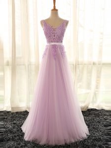 Floor Length Lilac Quinceanera Court Dresses Tulle Sleeveless Appliques