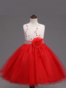 Stylish Red Zipper Scoop Appliques and Hand Made Flower Little Girl Pageant Dress Organza Sleeveless