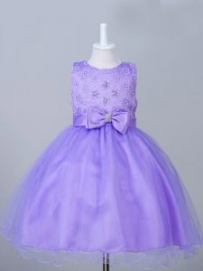 Tulle Scoop Sleeveless Zipper Appliques and Bowknot Pageant Gowns For Girls in Eggplant Purple