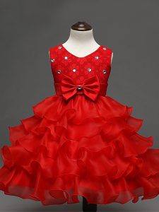 Hot Sale Red Scoop Neckline Lace and Ruffled Layers and Bowknot Little Girl Pageant Dress Sleeveless Zipper