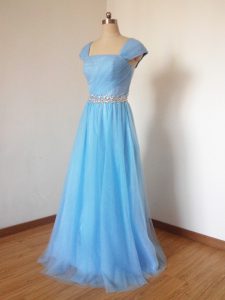 High Quality Floor Length Baby Blue Dama Dress for Quinceanera Square Cap Sleeves Zipper