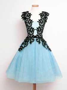 Lace Quinceanera Court of Honor Dress Aqua Blue Lace Up Sleeveless Knee Length