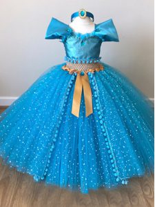 Inexpensive Cap Sleeves Floor Length Sequins and Belt Zipper Pageant Gowns For Girls with Baby Blue