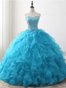 Shining Organza Sweetheart Sleeveless Lace Up Beading and Ruffles Quinceanera Dresses in Baby Blue