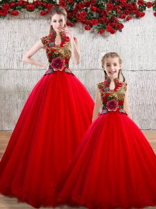 Red Sleeveless Floor Length Appliques Lace Up Vestidos de Quinceanera