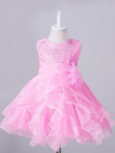 Inexpensive Beading and Hand Made Flower Child Pageant Dress Rose Pink Zipper Sleeveless Knee Length