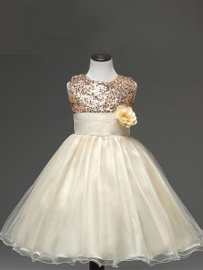 Champagne Ball Gowns Sequins and Hand Made Flower Little Girl Pageant Gowns Zipper Tulle Sleeveless Knee Length