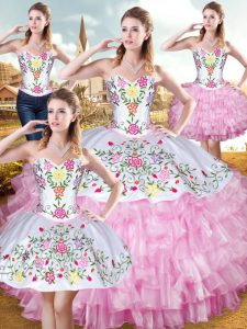 Best Sleeveless Floor Length Embroidery and Ruffled Layers Lace Up 15 Quinceanera Dress with Rose Pink