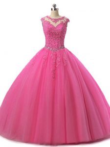 Simple Hot Pink Ball Gowns Scoop Sleeveless Tulle Floor Length Lace Up Beading and Lace Sweet 16 Dresses