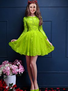 Glittering 3 4 Length Sleeve Lace Up Mini Length Beading and Lace and Appliques Quinceanera Court of Honor Dress