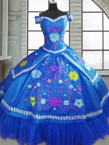 Excellent Short Sleeves Taffeta Floor Length Lace Up Quinceanera Gown in Blue with Beading and Embroidery