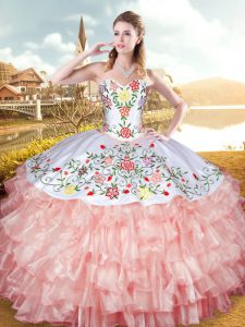 Embroidery and Ruffled Layers Quinceanera Dress Peach Lace Up Sleeveless Floor Length
