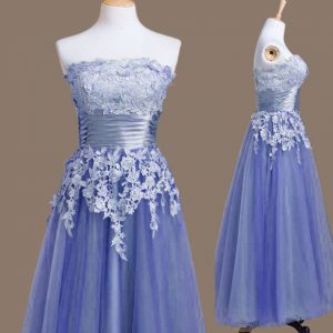 Delicate Lavender Strapless Neckline Appliques Quinceanera Court of Honor Dress Sleeveless Lace Up