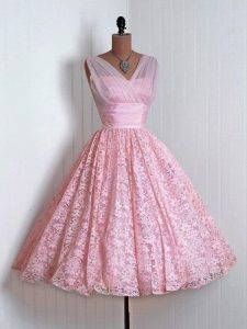 Baby Pink Lace Up V-neck Lace Quinceanera Court Dresses Lace Sleeveless