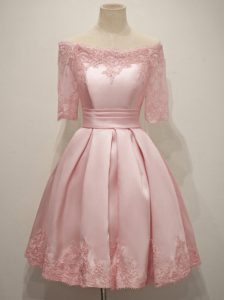 Most Popular Pink Taffeta Lace Up V-neck Half Sleeves Knee Length Quinceanera Court of Honor Dress Lace