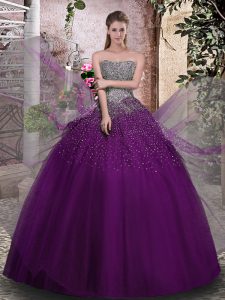 Purple 15th Birthday Dress Military Ball and Sweet 16 and Quinceanera with Beading Strapless Sleeveless Lace Up
