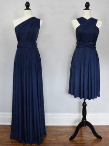 Flirting Empire Quinceanera Court Dresses Navy Blue Halter Top Chiffon Sleeveless Floor Length Lace Up