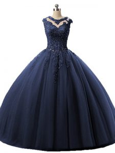 Charming Floor Length Navy Blue Sweet 16 Dress Tulle Sleeveless Beading and Lace