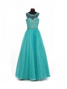 Teal Little Girls Pageant Gowns Wedding Party with Beading Scoop Sleeveless Lace Up