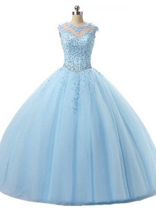 Light Blue Ball Gowns Tulle Scoop Sleeveless Beading and Lace Floor Length Lace Up 15th Birthday Dress