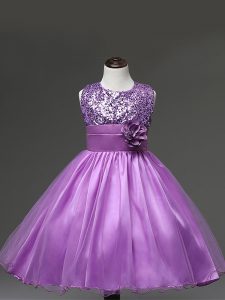 Simple Lilac Pageant Gowns For Girls Wedding Party with Sequins and Hand Made Flower Scoop Sleeveless Zipper