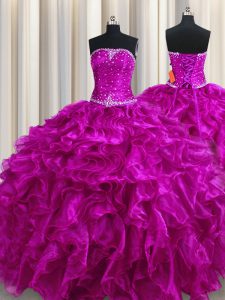 Glorious Sleeveless Floor Length Beading and Ruffles Lace Up Quinceanera Dress with Fuchsia