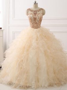 Shining Scoop Sleeveless Sweep Train Lace Up Sweet 16 Quinceanera Dress Champagne Organza