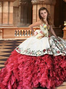 Charming White And Red Ball Gowns Strapless Sleeveless Organza Brush Train Lace Up Embroidery and Ruffles Little Girls Pageant Gowns