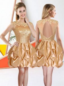 Perfect Knee Length Champagne Quinceanera Court of Honor Dress Taffeta Sleeveless Beading and Lace and Ruffles
