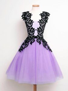 Exceptional Lavender Tulle Lace Up Vestidos de Damas Sleeveless Knee Length Lace