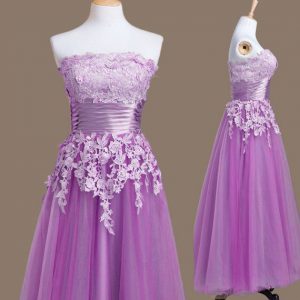 Chic Tea Length Purple Court Dresses for Sweet 16 Tulle Sleeveless Appliques