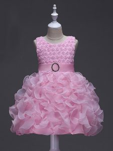 Rose Pink Sleeveless Organza Lace Up Little Girls Pageant Dress Wholesale for Wedding Party