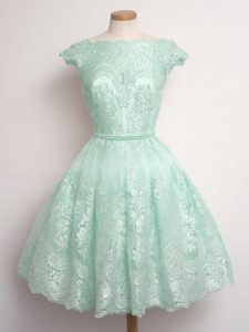 Cute A-line Court Dresses for Sweet 16 Apple Green Scalloped Lace Sleeveless Knee Length Lace Up