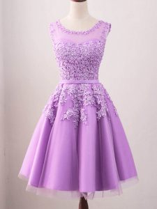 Nice Lilac A-line Lace Court Dresses for Sweet 16 Lace Up Tulle Sleeveless Knee Length