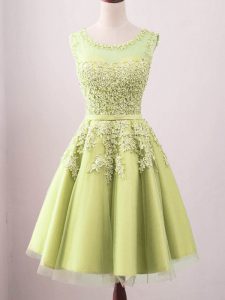 Custom Design Knee Length Lace Up Damas Dress Yellow for Prom and Party and Wedding Party with Lace