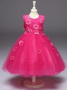 Fashion Hot Pink Sleeveless Appliques and Bowknot Knee Length Kids Pageant Dress