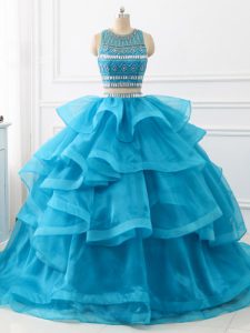 Comfortable Baby Blue Sweet 16 Quinceanera Dress Tulle Brush Train Sleeveless Beading and Ruffles