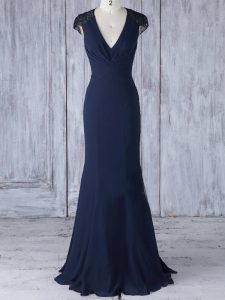 Cap Sleeves Floor Length Lace Side Zipper Quinceanera Court Dresses with Navy Blue